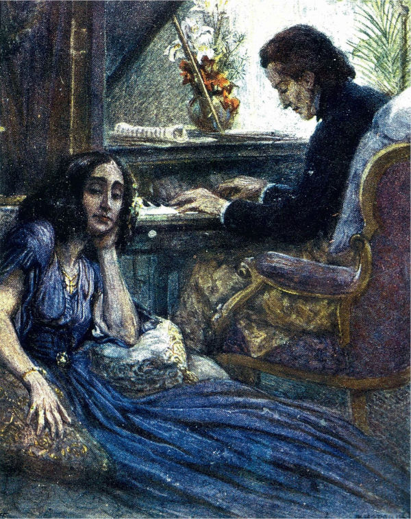 Peinture de George Sand et Frédéric Chopin sur un piano Pleyel